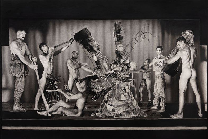 Escena (2022). Carbonilla sobre papel maruflado, 140 x 200 cm
