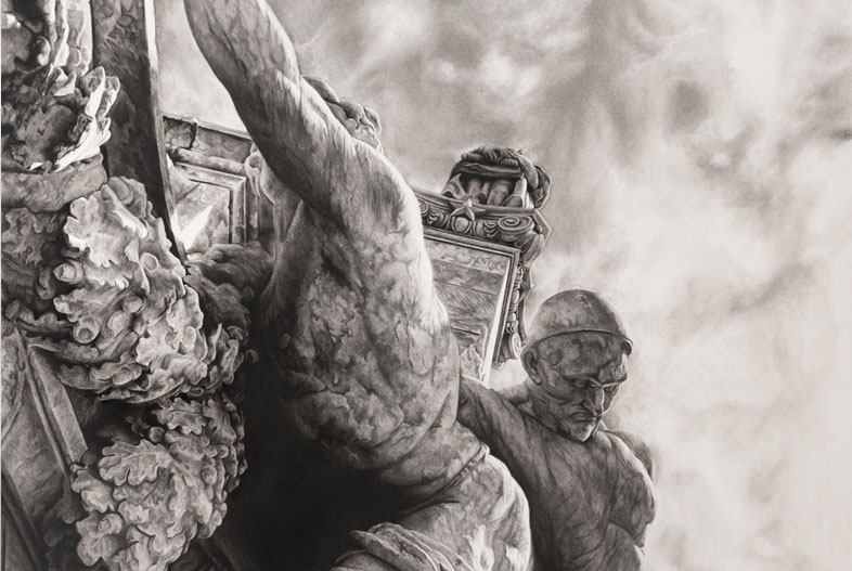 Marineros (2021). Carbonilla sobre papel maruflado, 200 x 140 cm