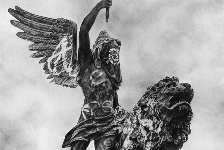 Genio de la libertad (2020). Carbonilla sobre papel maruflado, 200 x 140 cm
