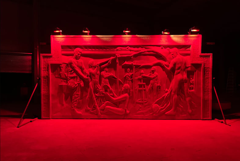 Erótica laboral [Workplace Erotica] (2022). Clay, refractory powder, and oakum, 400 x 650 cm