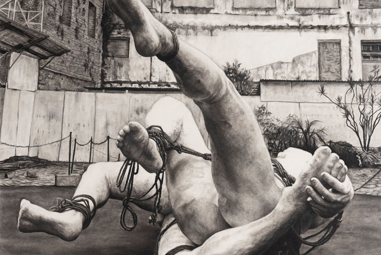 Wrestlers (2022). Charcoal on marouflage paper, 100 x 70 cm