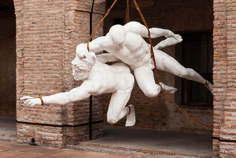 Wrestlers (2021). 3D printing, water-based resin and ropes, 233 x 415 x 168 cm